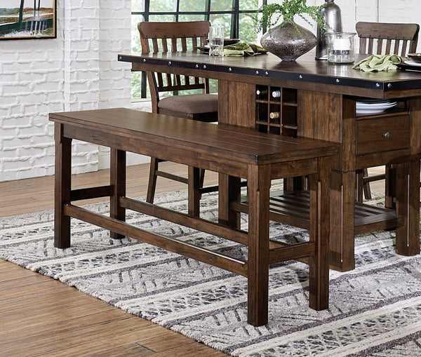 English Elm Dark Burnished Brown Counter Height Bench 64" Seat, Transitional Wooden Dining Bench with Storage Accent B011P191864