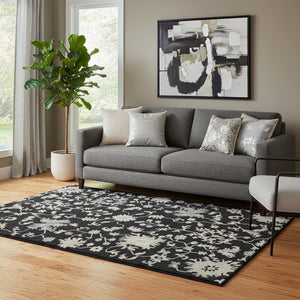 HomeRoots 5' X 8' Black And Ivory Floral Area Rug – Washable, UV-Protected, Stylish & Durable for Family Homes 705901