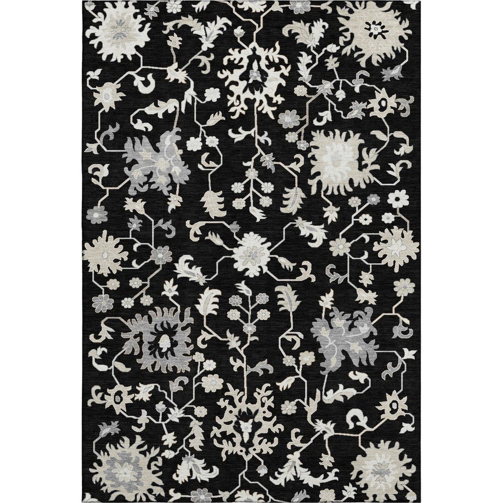 HomeRoots 5' X 8' Black And Ivory Floral Area Rug – Washable, UV-Protected, Stylish & Durable for Family Homes 705901