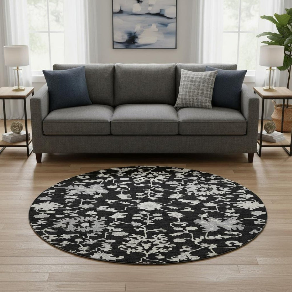 HomeRoots 8' Black and Ivory Floral Washable Round Rug - Durable, Stain-Resistant, UV Protected for Any Space 705902