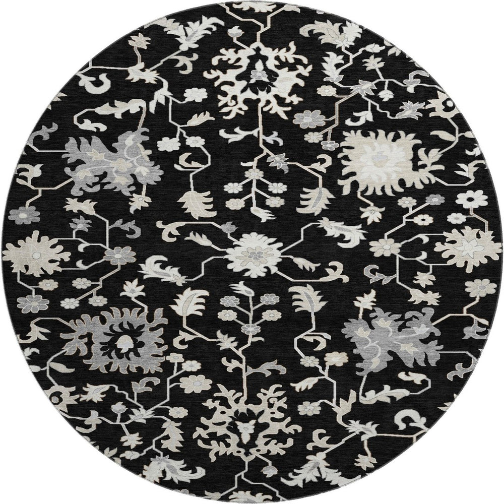 HomeRoots 8' Black and Ivory Floral Washable Round Rug - Durable, Stain-Resistant, UV Protected for Any Space 705902