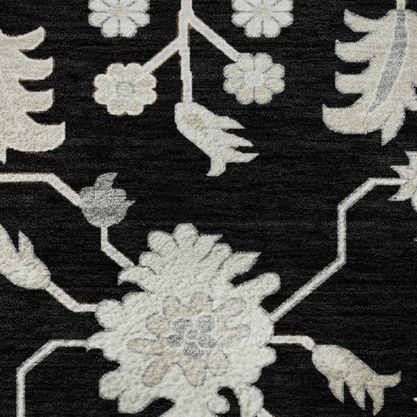 HomeRoots 8' Black and Ivory Floral Washable Round Rug - Durable, Stain-Resistant, UV Protected for Any Space 705902