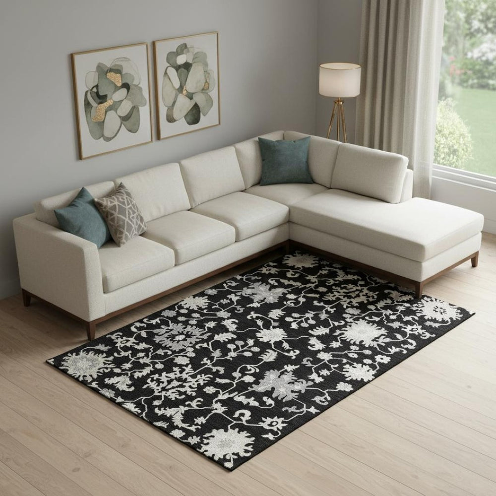 HomeRoots 9' X 12' Black And Ivory Floral Area Rug - Washable, Stain-Resistant, UV Protection for High Traffic Areas 705904