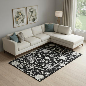 HomeRoots 9' X 12' Black And Ivory Floral Area Rug - Washable, Stain-Resistant, UV Protection for High Traffic Areas 705904