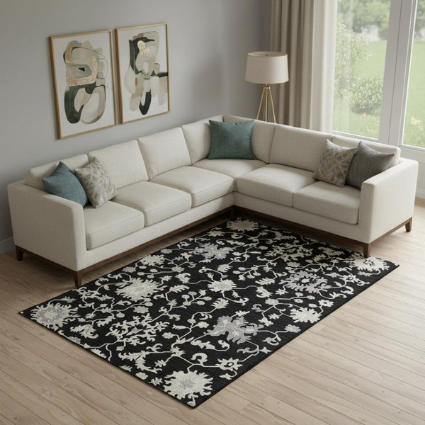 HomeRoots 10' X 14' Black And Ivory Floral Area Rug – Durable, Washable, UV-Protected for Stylish Living Spaces 705905