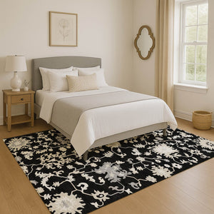 HomeRoots 10' X 14' Black And Ivory Floral Area Rug – Durable, Washable, UV-Protected for Stylish Living Spaces 705905