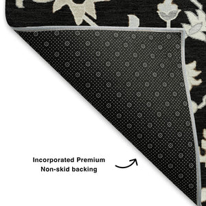 HomeRoots 10' X 14' Black And Ivory Floral Area Rug – Durable, Washable, UV-Protected for Stylish Living Spaces 705905