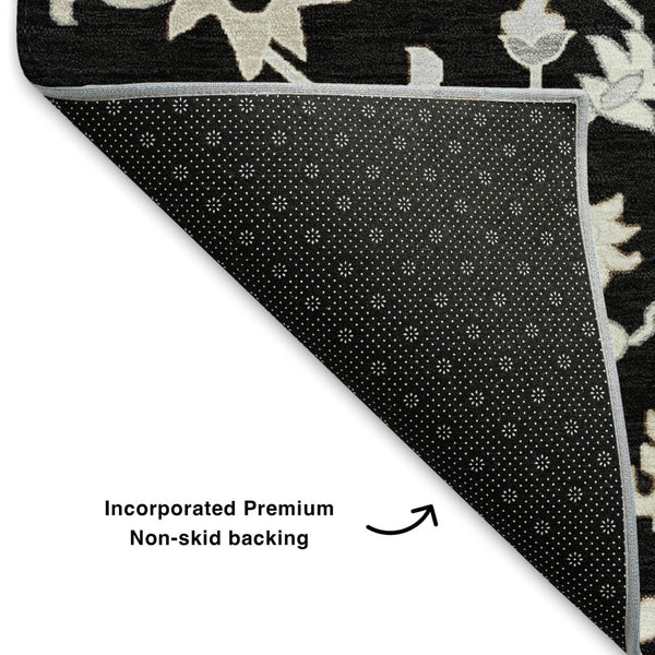 HomeRoots 10' X 14' Black And Ivory Floral Area Rug – Durable, Washable, UV-Protected for Stylish Living Spaces 705905