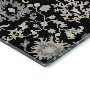 HomeRoots 10' X 14' Black And Ivory Floral Area Rug – Durable, Washable, UV-Protected for Stylish Living Spaces 705905