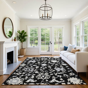 HomeRoots 10' X 14' Black And Ivory Floral Area Rug – Durable, Washable, UV-Protected for Stylish Living Spaces 705905
