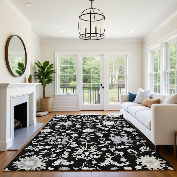 HomeRoots 10' X 14' Black And Ivory Floral Area Rug – Durable, Washable, UV-Protected for Stylish Living Spaces 705905