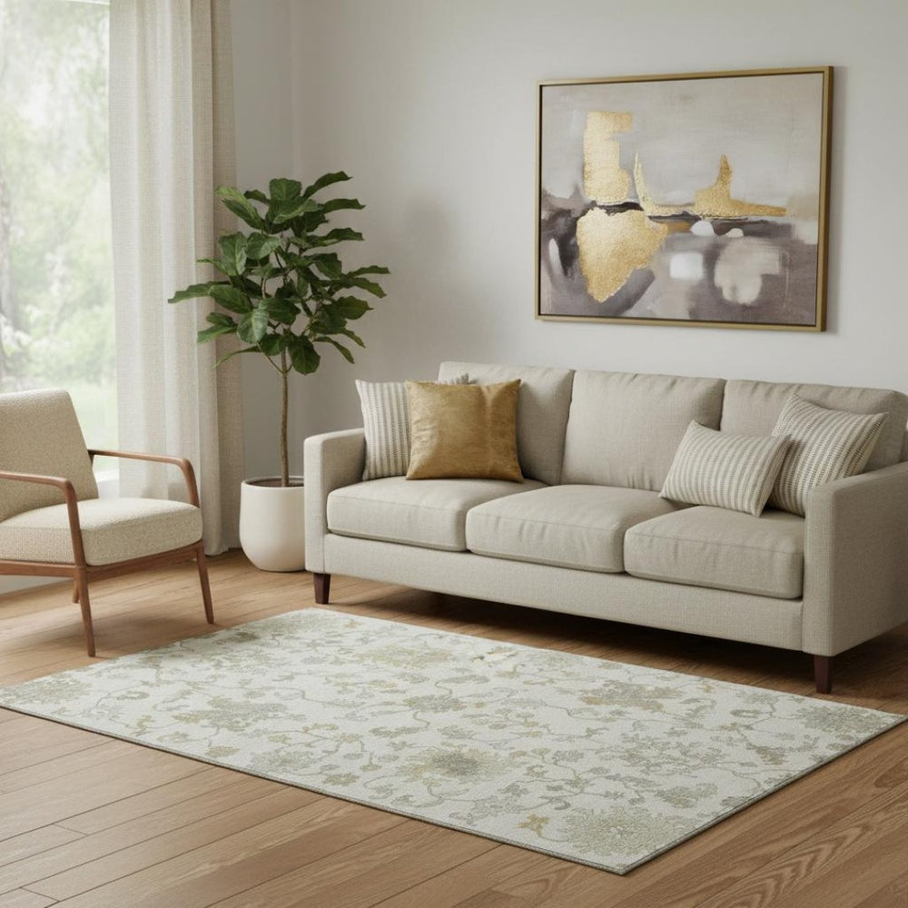 HomeRoots 5' X 8' Ivory Beige Floral Area Rug – Washable, Stain Resistant, UV Protected for Everyday Use 705907