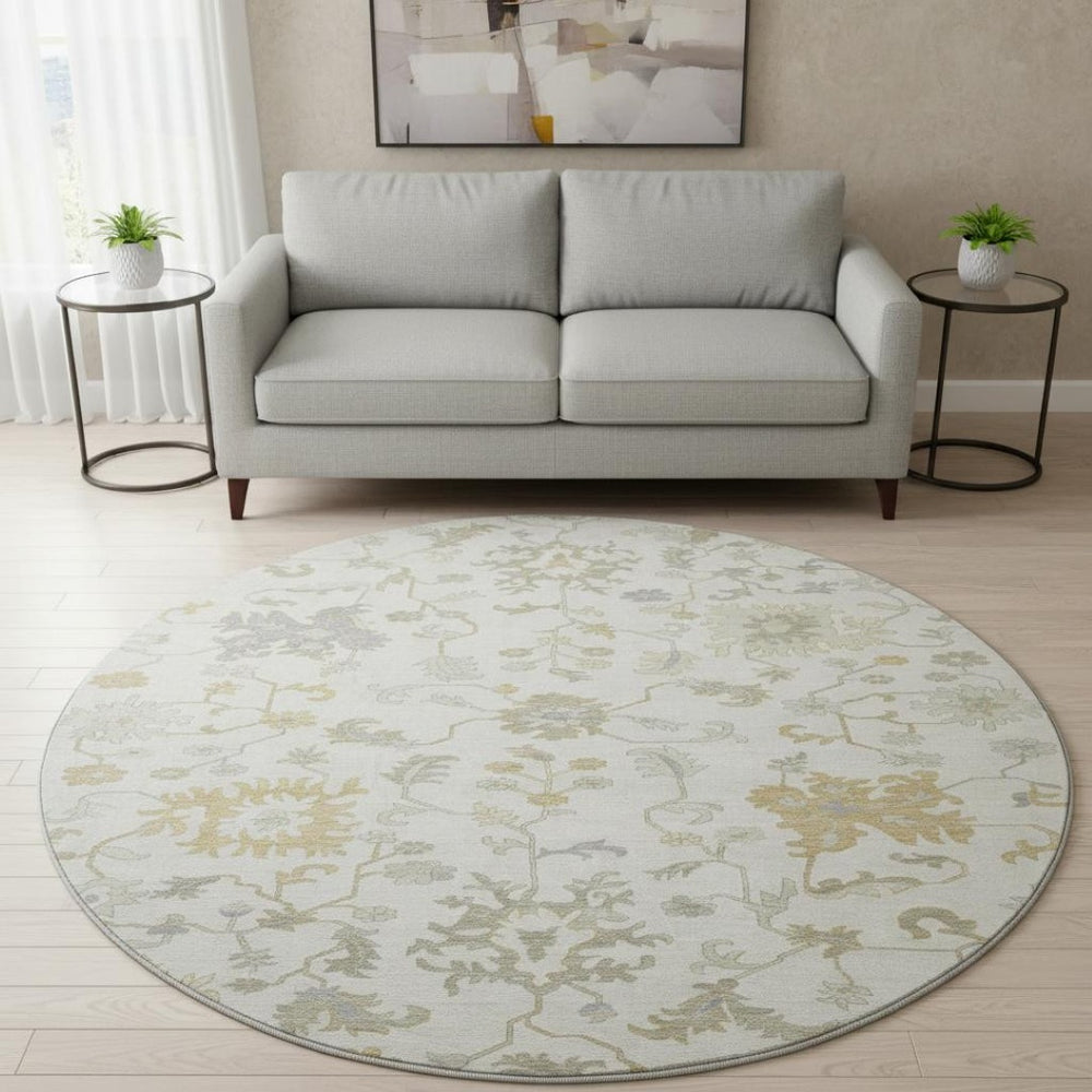 HomeRoots 8' Washable Round Rug with Elegant Floral Design, UV Protection, Stain Resistance & Easy Care 705908