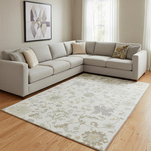 HomeRoots 8' X 10' Ivory Beige & Gray Floral Area Rug - Washable, Stain-Resistant, UV Protected for Durability! 705909