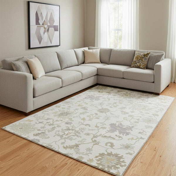 HomeRoots 8' X 10' Ivory Beige & Gray Floral Area Rug - Washable, Stain-Resistant, UV Protected for Durability! 705909