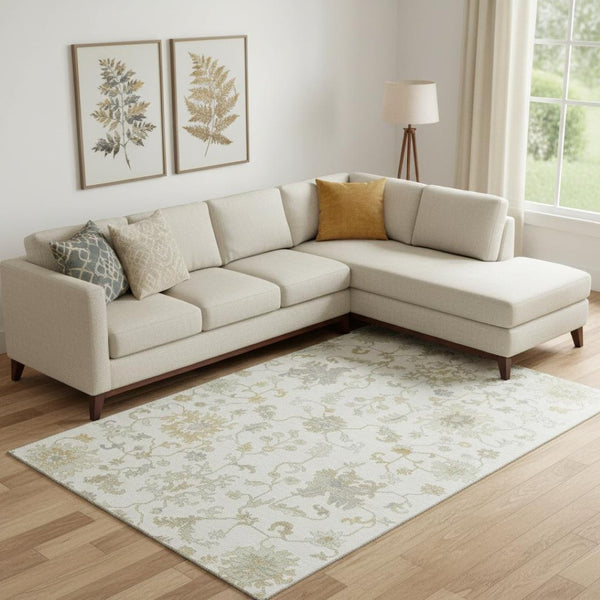 HomeRoots 9' X 12' Ivory Beige & Gray Floral Area Rug - Washable, Stain Resistant, UV Protected for Families 705910