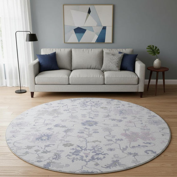 HomeRoots 8' Floral Washable Round Rug in Lavender & Gray - Durable, Stain Resistant, UV Protected, Non-Slip 705914