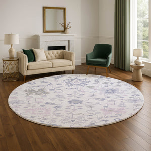 HomeRoots 8' Floral Washable Round Rug in Lavender & Gray - Durable, Stain Resistant, UV Protected, Non-Slip 705914