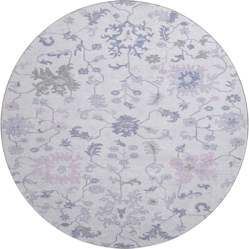 HomeRoots 8' Floral Washable Round Rug in Lavender & Gray - Durable, Stain Resistant, UV Protected, Non-Slip 705914