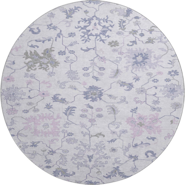 HomeRoots 8' Floral Washable Round Rug in Lavender & Gray - Durable, Stain Resistant, UV Protected, Non-Slip 705914