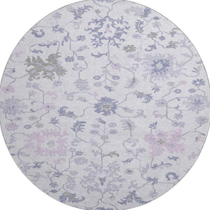 HomeRoots 8' Floral Washable Round Rug in Lavender & Gray - Durable, Stain Resistant, UV Protected, Non-Slip 705914