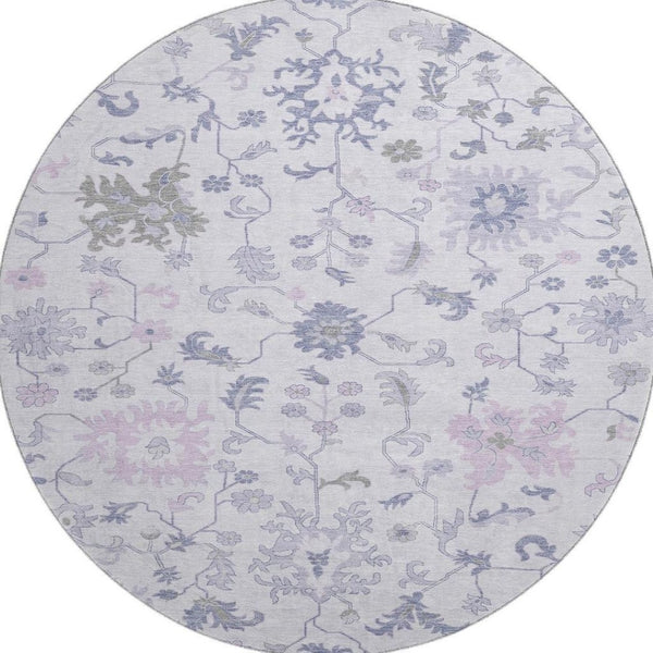 HomeRoots 8' Floral Washable Round Rug in Lavender & Gray - Durable, Stain Resistant, UV Protected, Non-Slip 705914