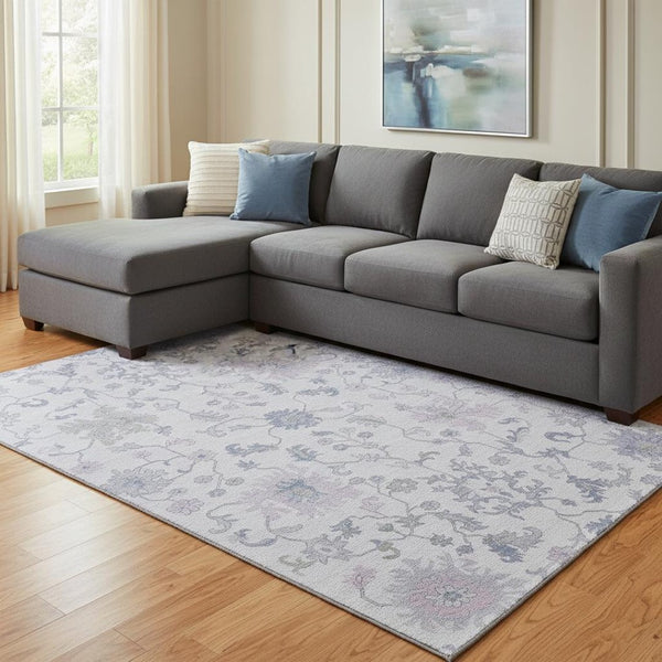HomeRoots 8' X 10' Floral Area Rug in Lavender & Gray - Washable, UV-Protected, Non-Slip, Easy Care Design 705915