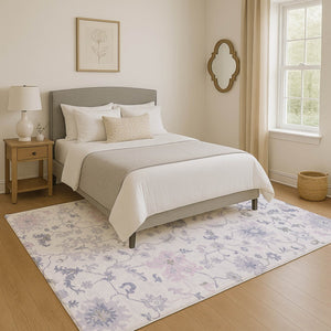 HomeRoots 10' X 14' Floral Area Rug in Lavender & Gray – Washable, UV Protected, Perfect for Pets & Kids! 705917