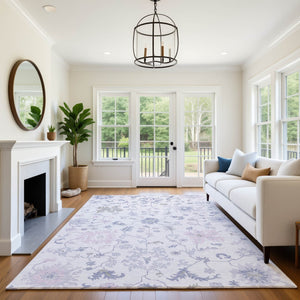 HomeRoots 10' X 14' Floral Area Rug in Lavender & Gray – Washable, UV Protected, Perfect for Pets & Kids! 705917