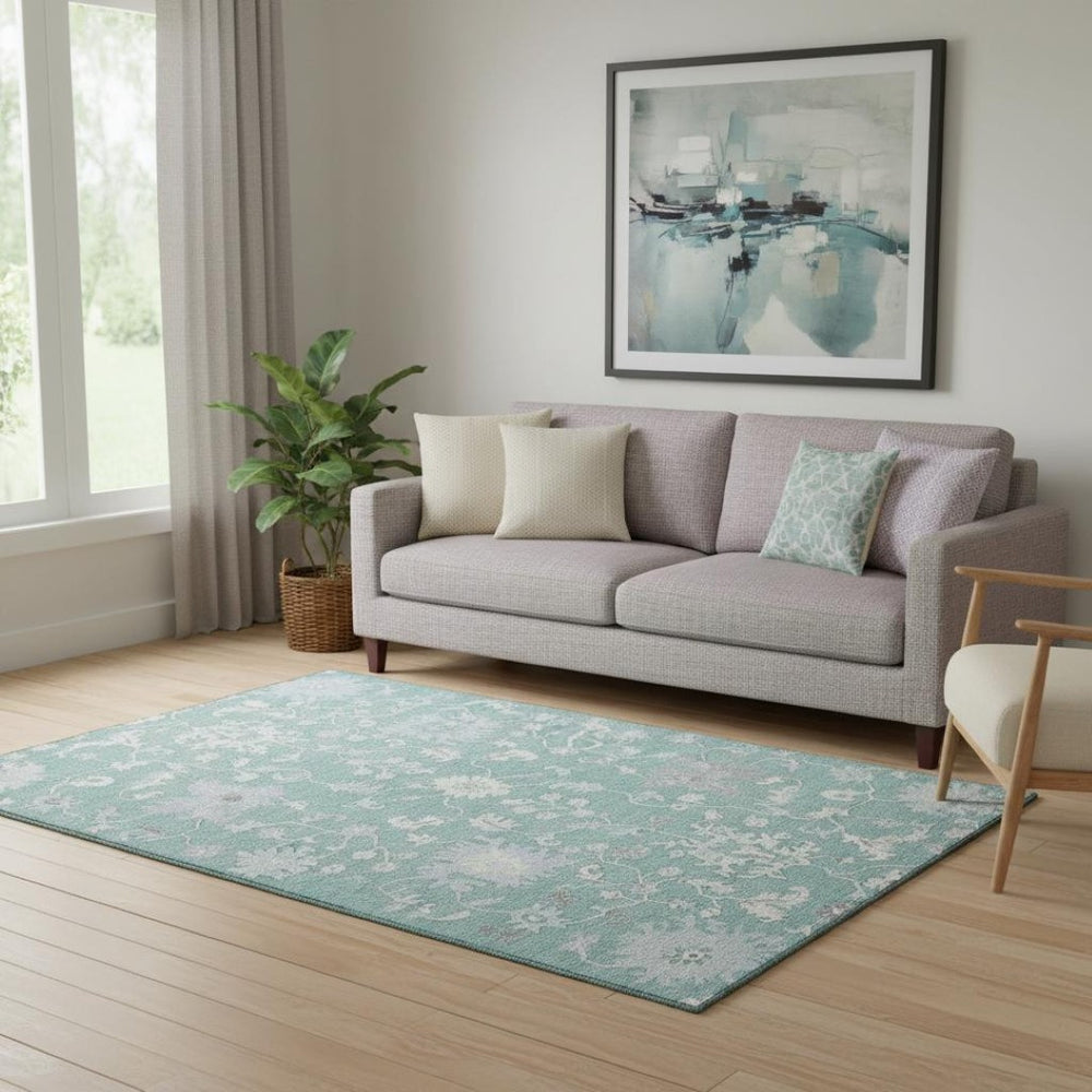 HomeRoots 5' X 8' Pale Aqua & Ivory Floral Area Rug - Washable, UV Protected, Ideal for High-Traffic Spaces! 705919