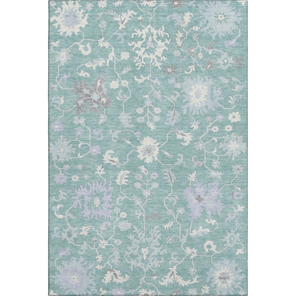 HomeRoots 5' X 8' Pale Aqua & Ivory Floral Area Rug - Washable, UV Protected, Ideal for High-Traffic Spaces! 705919