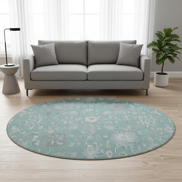 HomeRoots 8' Pale Aqua and Ivory Floral Washable Round Rug with UV Protection - Family-Friendly Home Decor Gem 705920