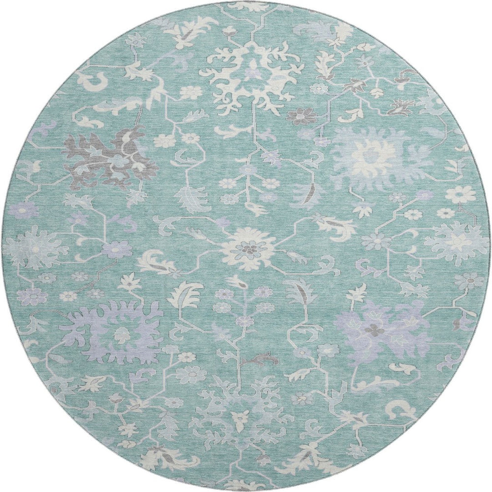 HomeRoots 8' Pale Aqua and Ivory Floral Washable Round Rug with UV Protection - Family-Friendly Home Decor Gem 705920