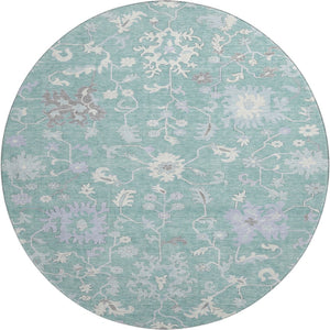 HomeRoots 8' Pale Aqua and Ivory Floral Washable Round Rug with UV Protection - Family-Friendly Home Decor Gem 705920
