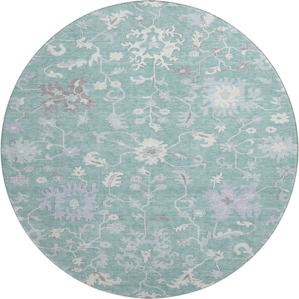 HomeRoots 8' Pale Aqua and Ivory Floral Washable Round Rug with UV Protection - Family-Friendly Home Decor Gem 705920