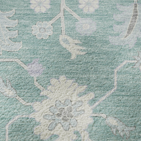 HomeRoots 8' Pale Aqua and Ivory Floral Washable Round Rug with UV Protection - Family-Friendly Home Decor Gem 705920