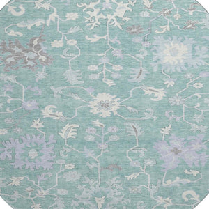 HomeRoots 8' Pale Aqua and Ivory Floral Washable Round Rug with UV Protection - Family-Friendly Home Decor Gem 705920