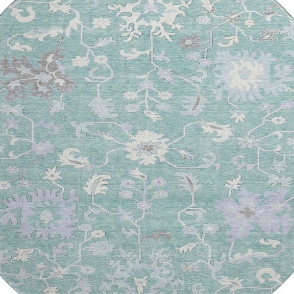 HomeRoots 8' Pale Aqua and Ivory Floral Washable Round Rug with UV Protection - Family-Friendly Home Decor Gem 705920