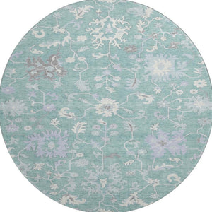 HomeRoots 8' Pale Aqua and Ivory Floral Washable Round Rug with UV Protection - Family-Friendly Home Decor Gem 705920