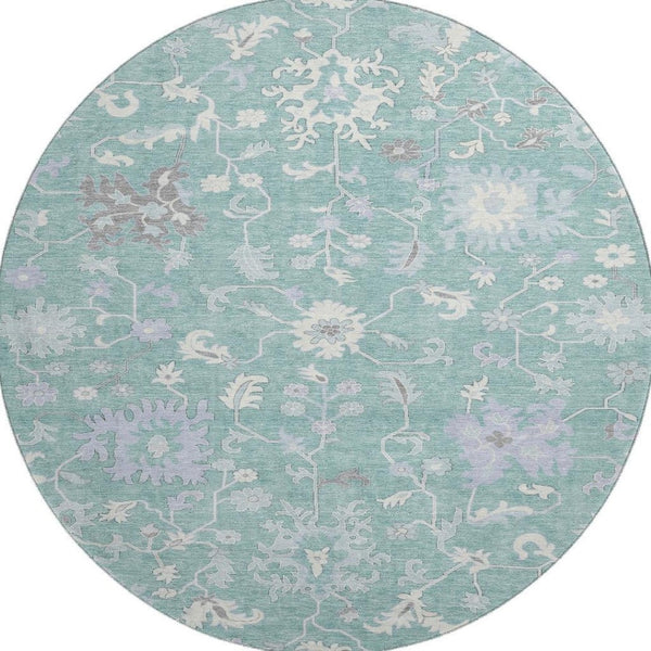 HomeRoots 8' Pale Aqua and Ivory Floral Washable Round Rug with UV Protection - Family-Friendly Home Decor Gem 705920