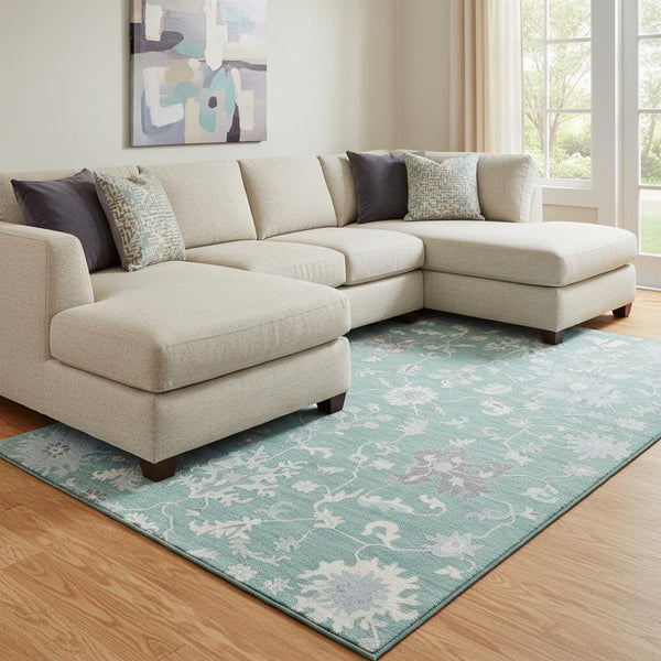 HomeRoots 8' X 10' Pale Aqua Floral Area Rug – Washable, Durable, UV Protected, Perfect for Kids and Pets! 705921