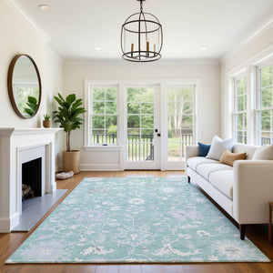 HomeRoots 8' X 10' Pale Aqua Floral Area Rug – Washable, Durable, UV Protected, Perfect for Kids and Pets! 705921