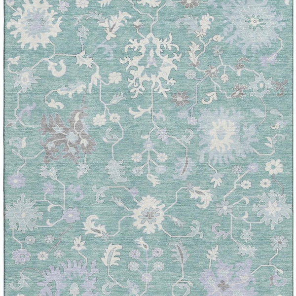 HomeRoots 9' X 12' Pale Aqua & Ivory Floral Washable Area Rug - Stain-Resistant, UV-Protected, Family-Friendly 705922