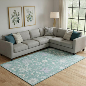 HomeRoots 10' X 14' Pale Aqua Floral Area Rug – Washable, UV Protected, Soft, Durable & Perfect for Busy Homes! 705923