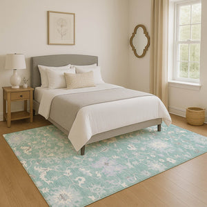 HomeRoots 10' X 14' Pale Aqua Floral Area Rug – Washable, UV Protected, Soft, Durable & Perfect for Busy Homes! 705923
