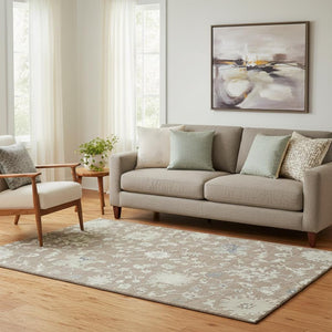 HomeRoots 5' X 8' Floral Washable Area Rug in Taupe, Ivory & Gray - UV Protected, Stain Resistant & Durable Design 705925