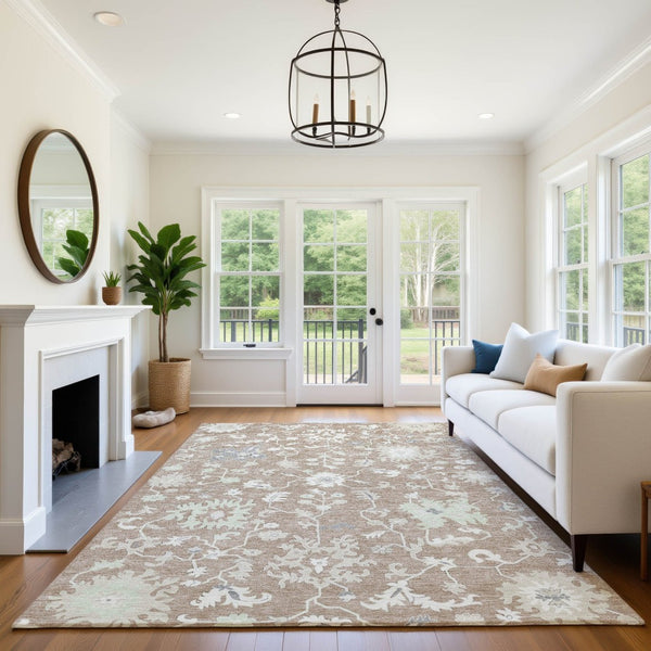 HomeRoots 5' X 8' Floral Washable Area Rug in Taupe, Ivory & Gray - UV Protected, Stain Resistant & Durable Design 705925