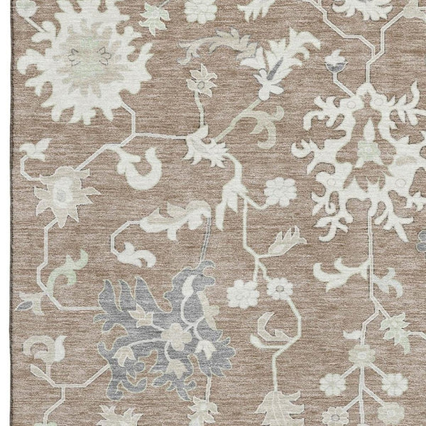 HomeRoots 5' X 8' Floral Washable Area Rug in Taupe, Ivory & Gray - UV Protected, Stain Resistant & Durable Design 705925