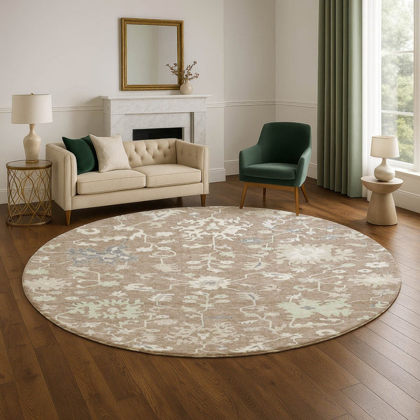 HomeRoots 8' Washable Round Rug with Elegant Taupe, Ivory & Gray Floral Design - UV Protected & Stain Resistant 705926