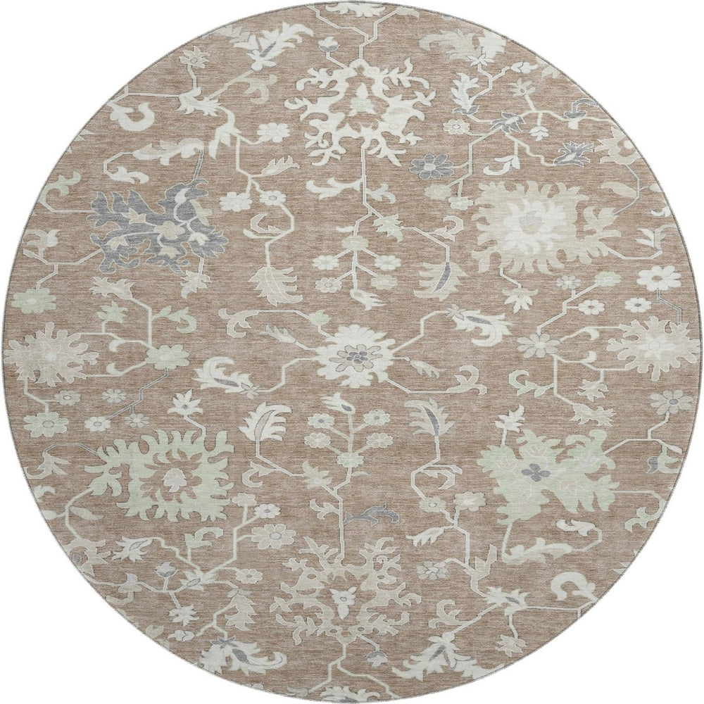 HomeRoots 8' Washable Round Rug with Elegant Taupe, Ivory & Gray Floral Design - UV Protected & Stain Resistant 705926